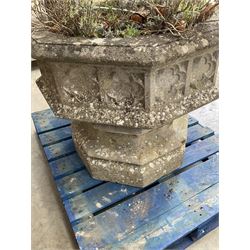 Large gothic design octagonal cast stone centre-piece urn olanter, quatrefoil decoration 