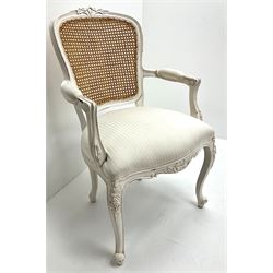 Cream French Chair, cane French back, upholstered seat, acanthus carved cabriole supports 