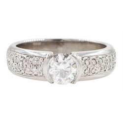 18ct white gold round brilliant cut diamond ring, with pave set round brilliant cut diamon...