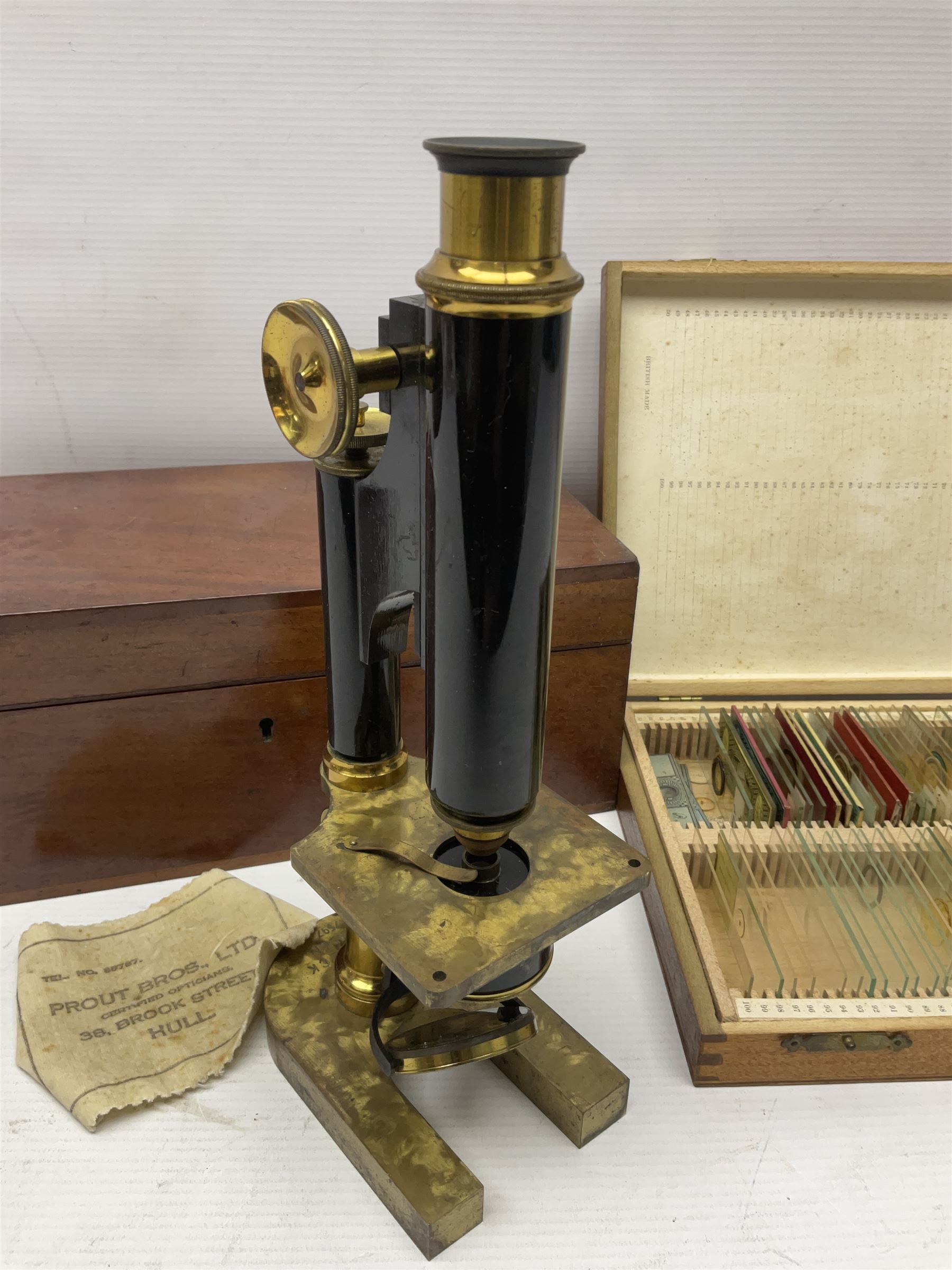 R & J Beck London microscope, model 7597, contained in fitted case, together with a boxed collection of glass microscope biological sample slides