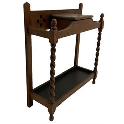 Early 20th century oak hallstand, central glove compartment, on barley twist supports