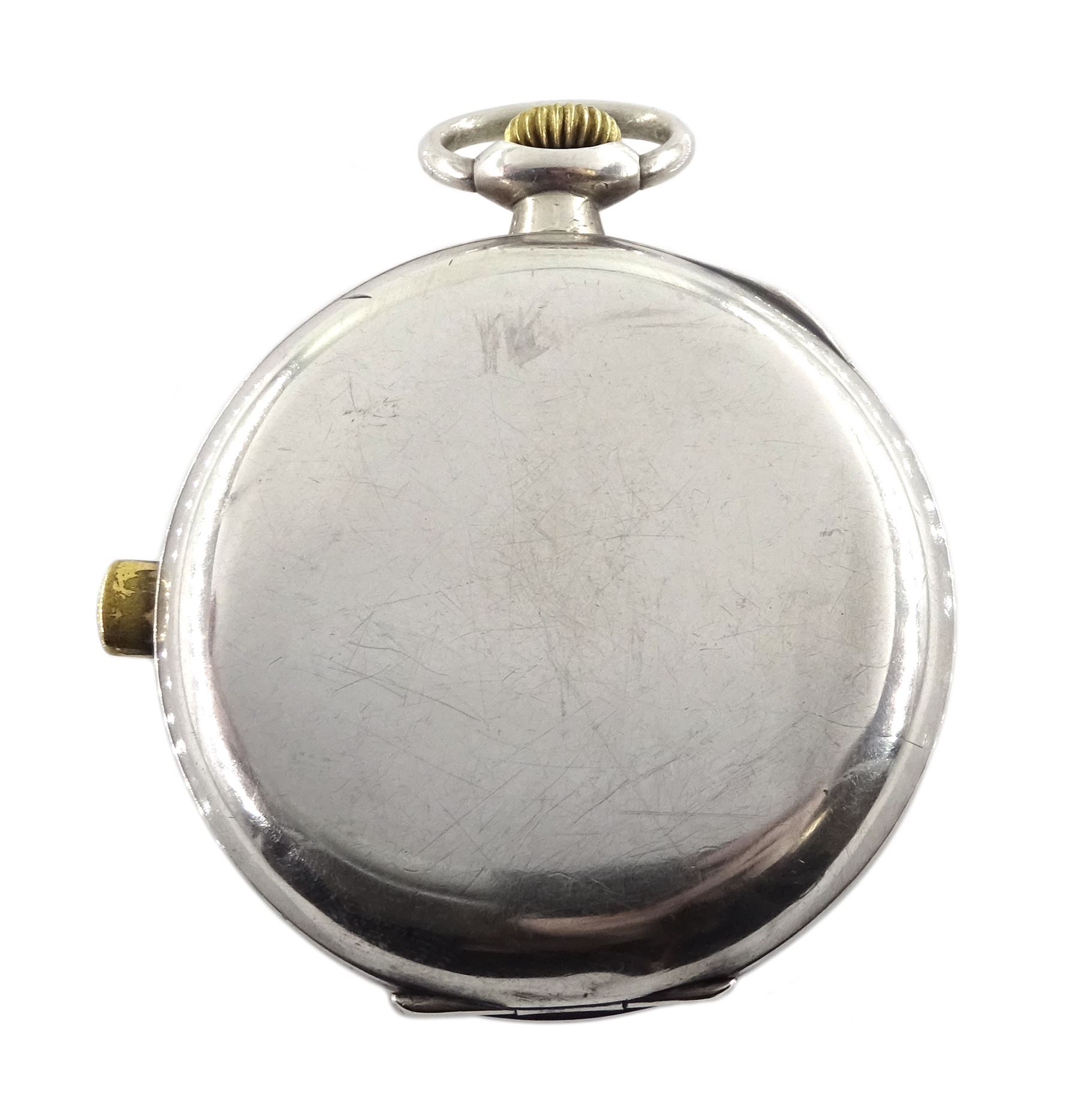 Late 19th century continental silver open face keyless minute repeating pocket watch, plunge repeat to the side, the case stamped 0.935, numbered 2594210 and impressed with a makers mark of an open hand, the inner dust cover with applied gold work depicting birds swimming along a river bank under a tree