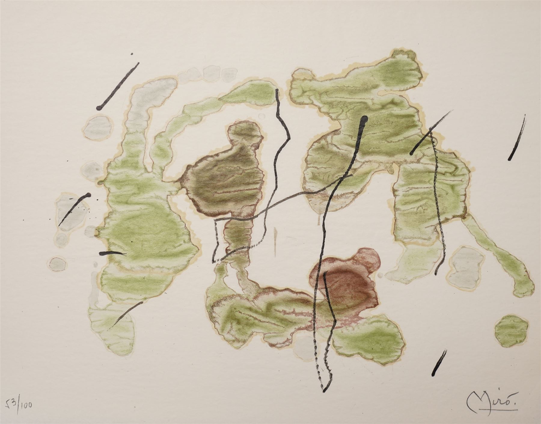 Joan Miro (Spanish (Catalan) 1893-1983): 'Tracé sur l'Eau' (Green), limited edition etching and aquatint on Rives BFK paper, signed and numbered 53/100 in pencil 29cm x 35cm (unframed)