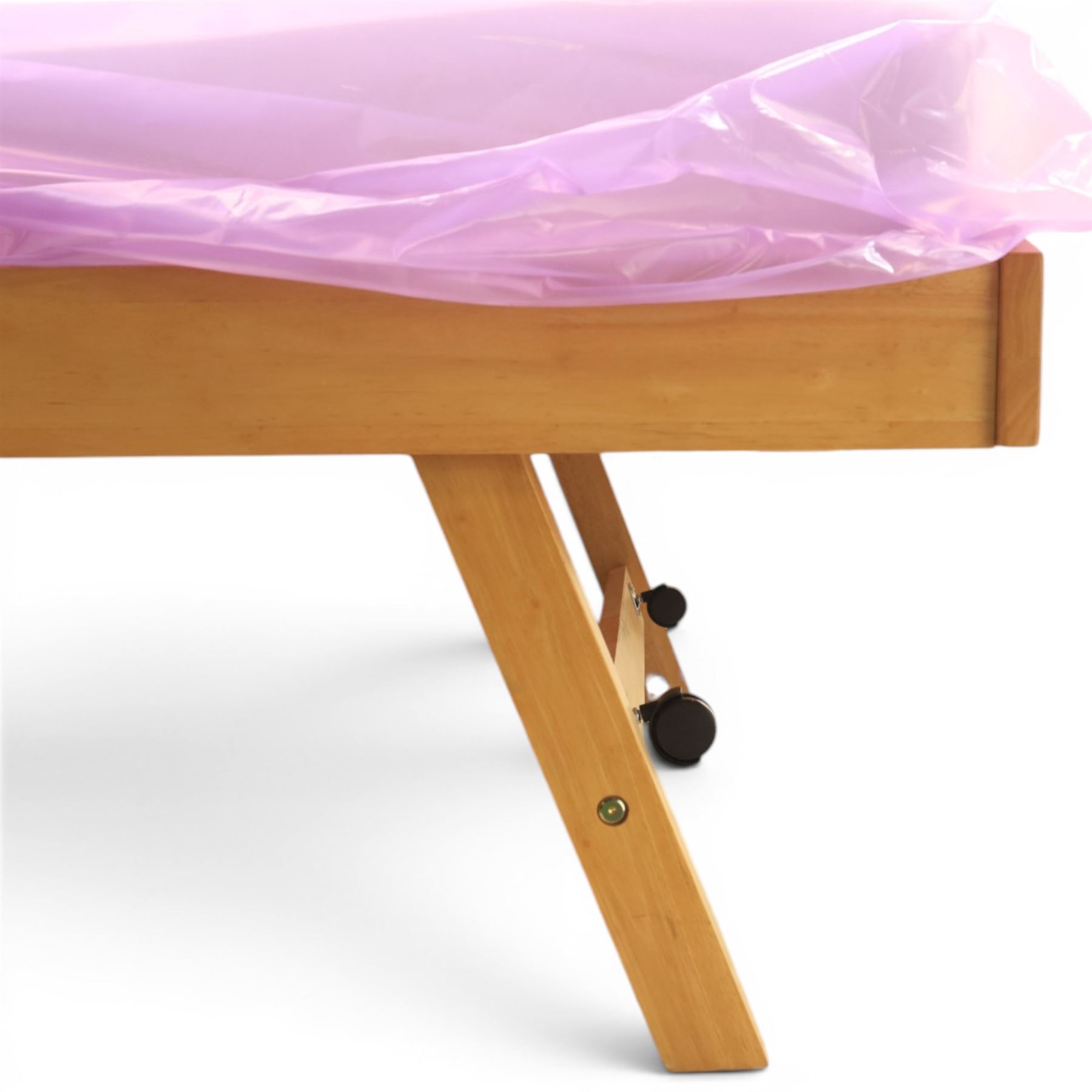 Contemporary light oak trundle bed, slatted headboard and footboard,  incorporating pull-out trundle bed on castors, complete with two memory foam mattresses