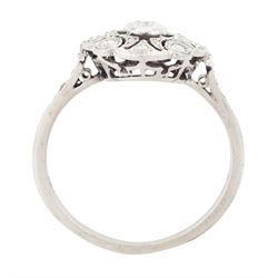 Art Deco French 18ct white gold diamond ring, the principal old cut diamond of approx 0.10 carat, surrounded by single and rose cut diamonds, in a milgrain pierced design setting, with diamond set shoulders, Eagle hallmark