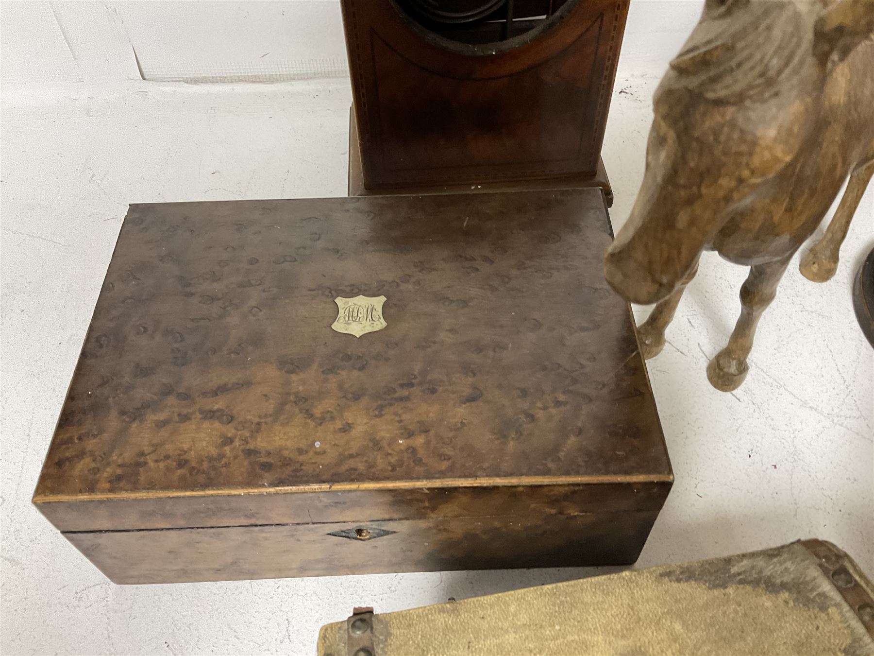 Taxidermy armadillo basket, mahogany clock case, burr walnut box, wooden exercise pins, satinwood pen tray with turned handles and a collection of other wooden collectables