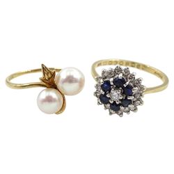 9ct gold sapphire and diamond cluster ring, hallmarked and a 14ct gold two stone cultured pearl crossover ring, stamped K14