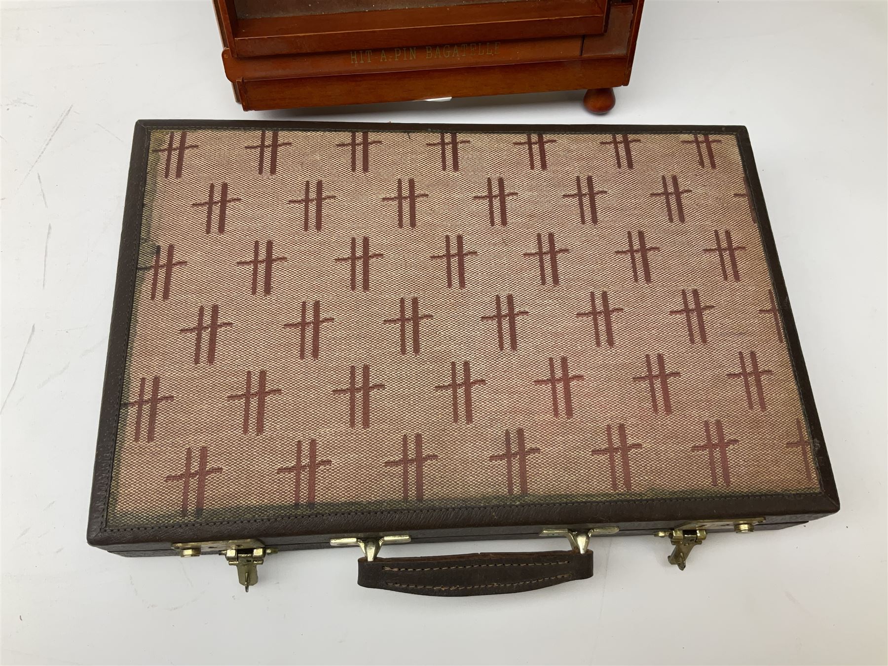 Bagatelle board and Harrods backgammon set in case