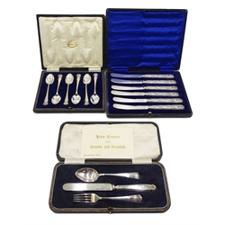  Set of six silver spoons by Joseph Rodgers & Sons, Sheffield 1928, silver christening set hallmarked and six butter knifes, all cased   