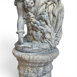 Composite garden statue group of Romeo and Juliet embracing, the couple adorned in Medieval dress standing on a naturalistic base with fallen flowers, raised on a Neoclassical fluted pedestal with Anthemion leaf motifs
