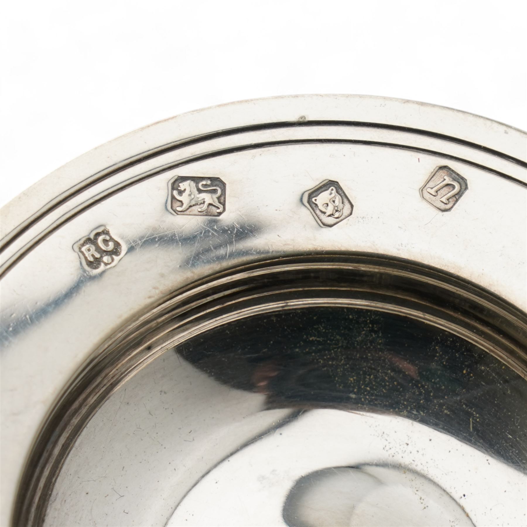 Edwardian silver miniature hay rake with ebonised handle L20cm Birmingham 1908 Maker T H Hazlewood & Co., pair of silver decanter labels 'Whisky' and 'Sherry' Birmingham 1985, another 'Port', silver vesta case and small silver dish D8cm