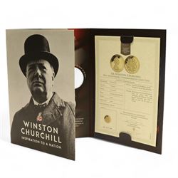 The London Mint Office 'Winston Churchill Inspiration To A Nation', part coin set including Queen Elizabeth II Gibraltar 2015 24 carat gold 3.112 grams ten pound coin etc, in card folder