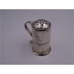 Queen Anne Britannia standard silver kitchen pepper, of cylindrical form with central girdle, S scroll handle, and pierced cover, upon spreading circular foot, hallmarked Gundry Roode, London 1709, H9cm, approximate weight 3.46 ozt (107.7 grams)