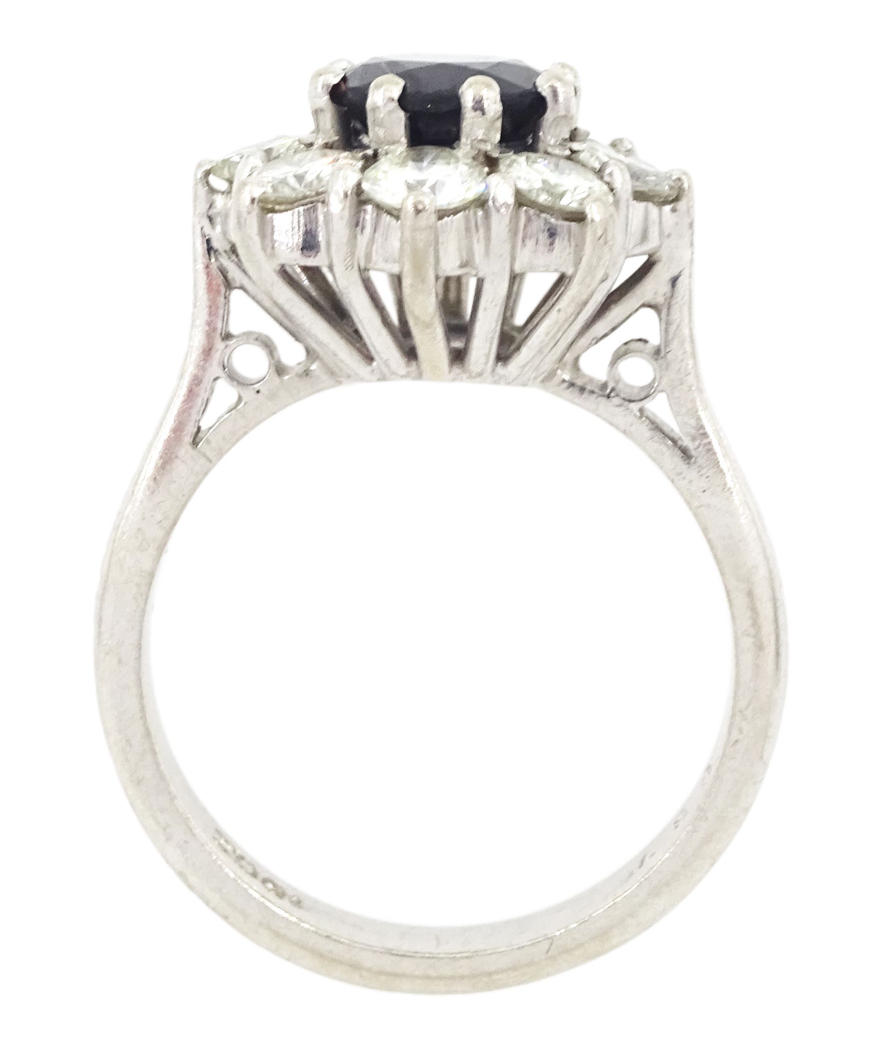 White gold round cut sapphire and round brilliant cut diamond cluster ring, stamped 18ct, sapphire approx 1.35 carat, total diamond weight approx 1.20 carat