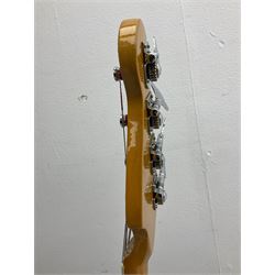 Richwood electric bass guitar in blue, cream and natural finish L117cm; in Fender soft carrying case; together with Behringer Thunderbird Bx108 amplifier date code 0 4 11.