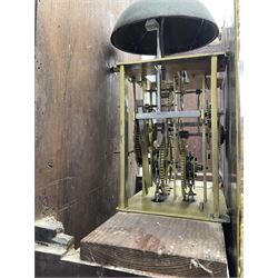 John Kemp of Yoxford (Suffolk) - 18th century oak 30 hour longcase clock c1770, with a later box top and finials, square hood door with attached pilasters and gesso capitals, long flat topped trunk door with a rectangular plinth and bracket feet, brass dial with cast spandrels and engraved dial centre, silvered chapter ring with Roman numerals and five minute Arabic's, with matching steel hands, birdcage chain driven movement with a recoil anchor escapement and count wheel striking. With weight and pendulum.
