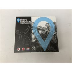 Royal Dutch Mint 'Europe Remembers' silver three coin set, comprised of Royal Canadian Mint 2020 one dollar '75th Anniversary of V-E Day', The Royal Mint 2020 one pound '75th Anniversary of VE Day' and Royal Dutch Mint 2020 five euros '75 Years of Freedom', cased with certificate