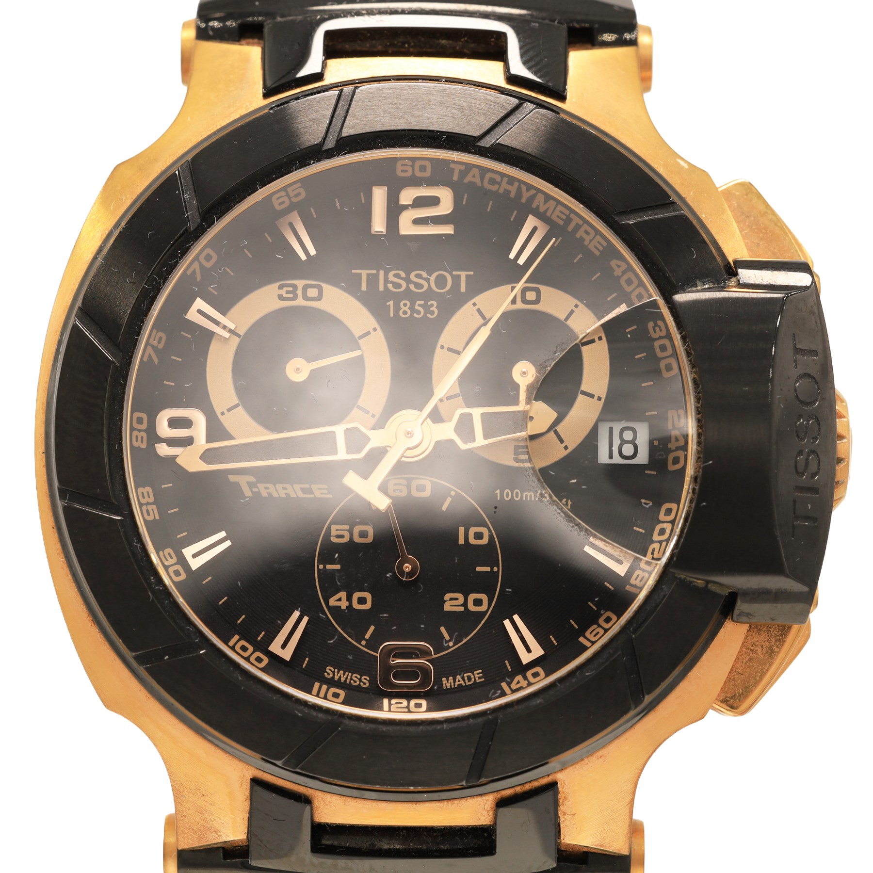 Tissot T-Race gentleman's stainless steel chronograph quartz wristwatch, Ref. T04817, black dial with Arabic and indexes hour markers and subsidiary dials, on black rubber strap with fold-over clasp, boxed with warranty card dated 2012
