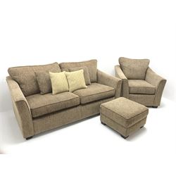Three seat sofa upholstered in a woven effect beige fabric (W190cm) and matching armchair (W90cm) with foot stool 