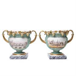 Pair of 19th century Grainger Lee & Co Worcester urns, c1820s-1830s, hand-painted with vie...
