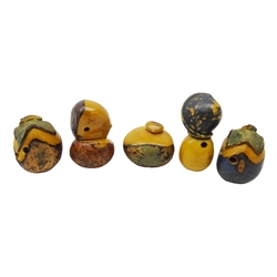  Five Japanese Meiji carved Tagua nut Netsukes each decorated with metallic pigment, all signed  (5) Provenance: private collection   