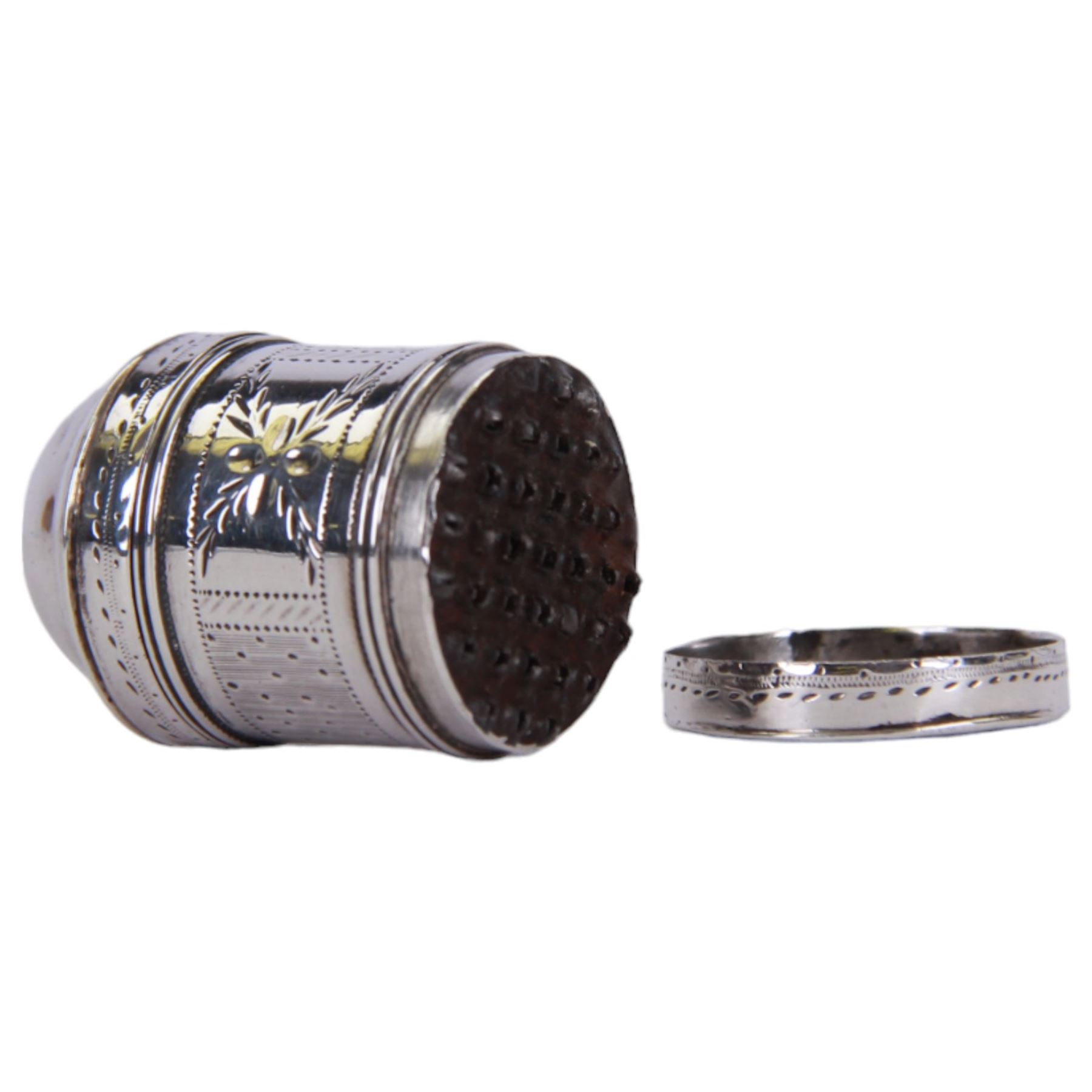 George III silver nutmeg grater, of cylindrical form with pull off cap and base, engraved with a foliate band, hallmarked Samuel Pemberton, Birmingham 1790, H3cm