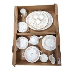 Royal Albert For All Seasons Autumn Sunlight pattern tea and dinner service for six, including teapot, teacups, saucers, side plates, bowls, cream jug, sugar bowl, dinner plates, meat platter and tureen