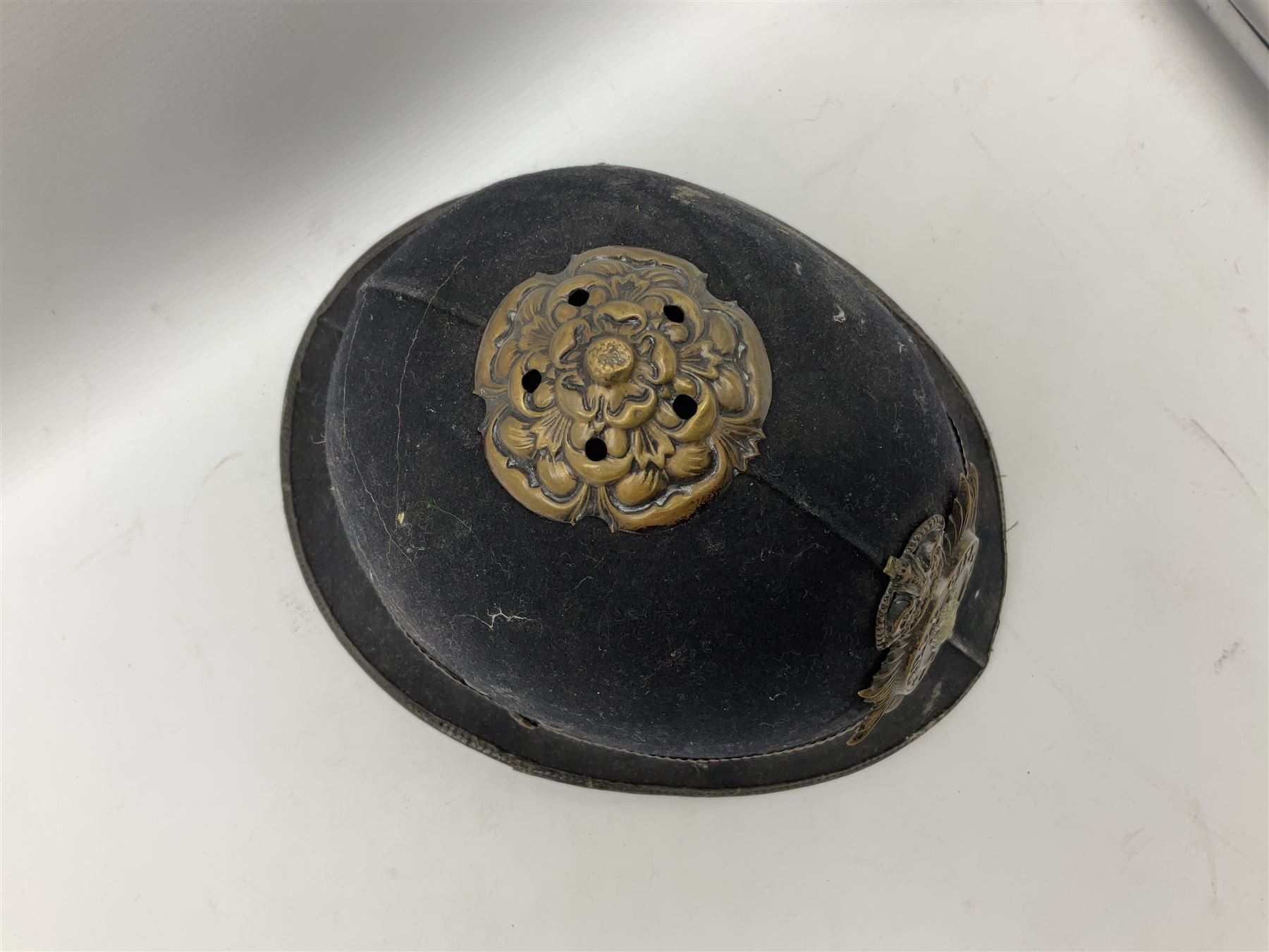 Hull City Police - Christy's London helmet with king's crown plate and an Oldham & Son Ltd Denton Manchester Type T.D.I.A. chromium cased safety torch (2)  