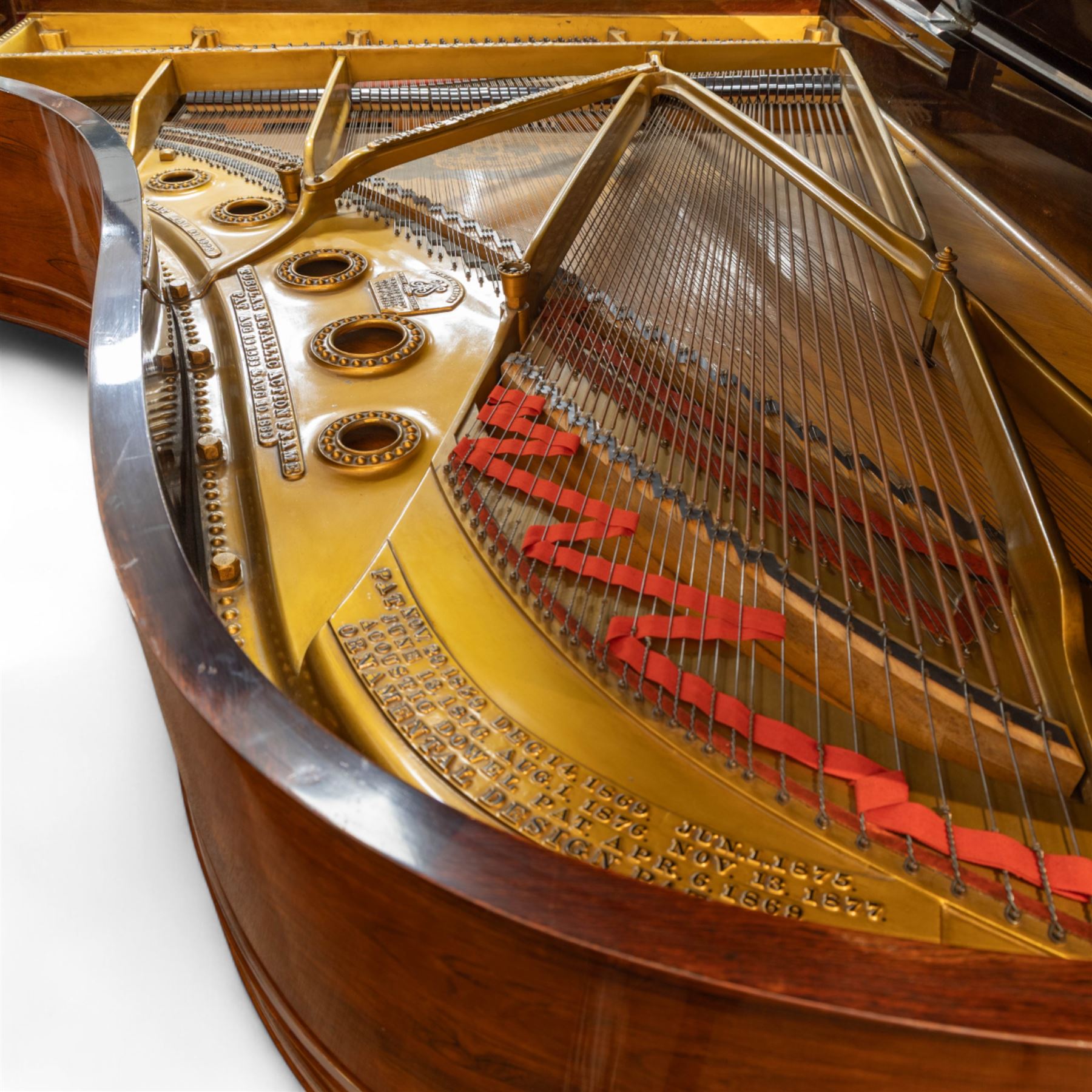 Steinway & Son, New York & Hamburg- Model B, overstrung Drawing Room Grand Piano in a rosewood case, Serial No 87297 (1896/7), with 85 ivory covered and ebony keys A0-A7(7 octaves) with an adjustable fretted music desk, brass fittings and pedals, Steinway “Fireplug” straight columnar and fluted legs with roller castors and conforming lyre, duplex stringing with agraffs, bass strings copper wound with a steel core, steel tuning pins, original Steinway action, hammers, keys, felts, and dampers, with una-corda, sostenuto and sustain pedals, Overstrung iron frame detailing numerous Steinway patents, awards, and features. Tuned to Concert pitch (A=440). 
With an adjustable single stool. 

This item has been registered for sale under Section 10 of the APHA Ivory Act HLB1KY67
