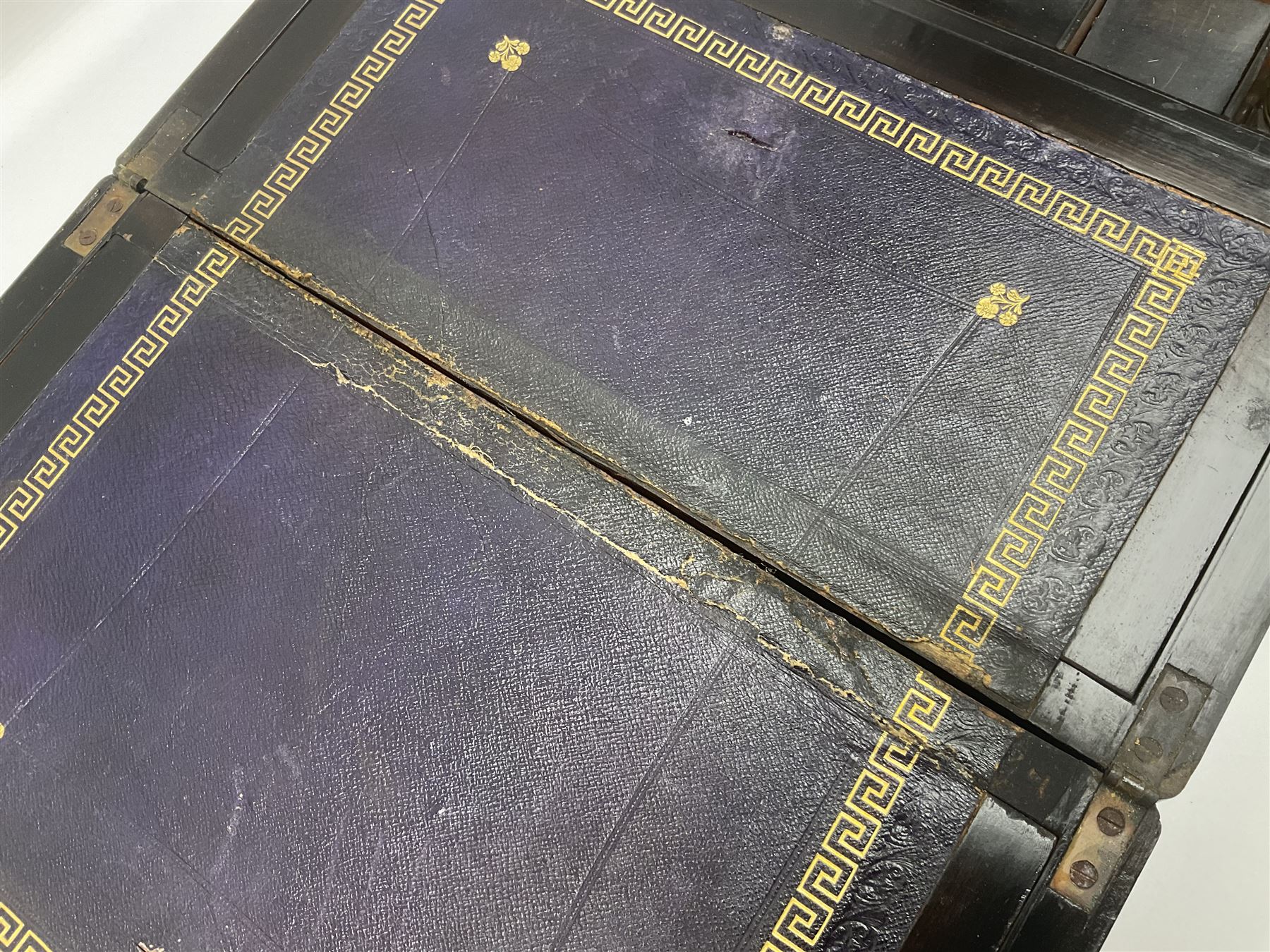 Victorian mahogany writing slope, the brass bound hinged cover opening to reveal tooled leather and gilt interior with two glass inkwells, together with a similar parquetry inlaid writing slope, with central mother of pearl inlay enrgraved 'Sarah', tallest H17cm 