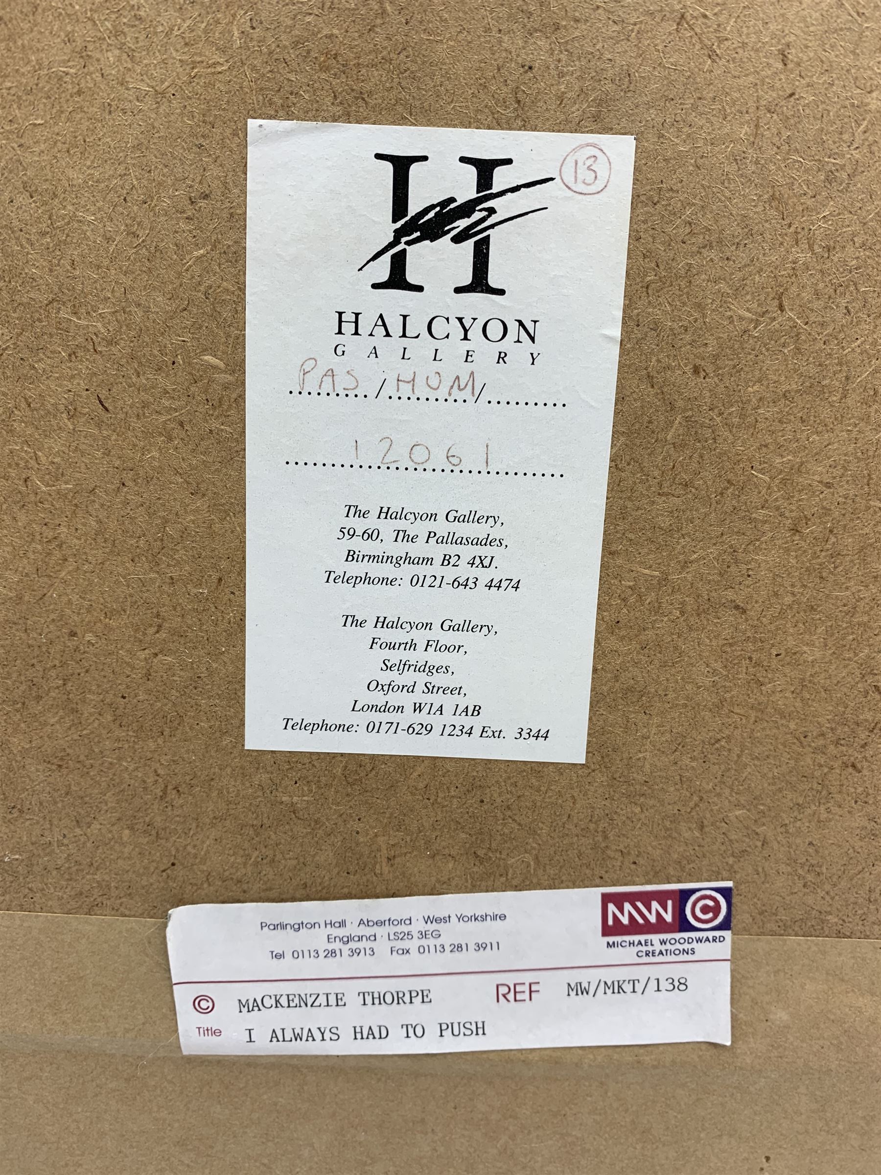 Mackenzie Thorpe (British 1956-): 'I Always Had to Push', pastel on card signed 42cm x 70cm
Provenance: purchased from Halycon gallery Birmingham
Notes: one of Thorpe's earlier pastel originals