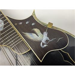 Eastern F-hole eight-string mandolin with black finish and mother-of-pearl inlay of a man riding a winged horse/unicorn amongst clouds and stars with playing card suits to the fingerboard L71cm