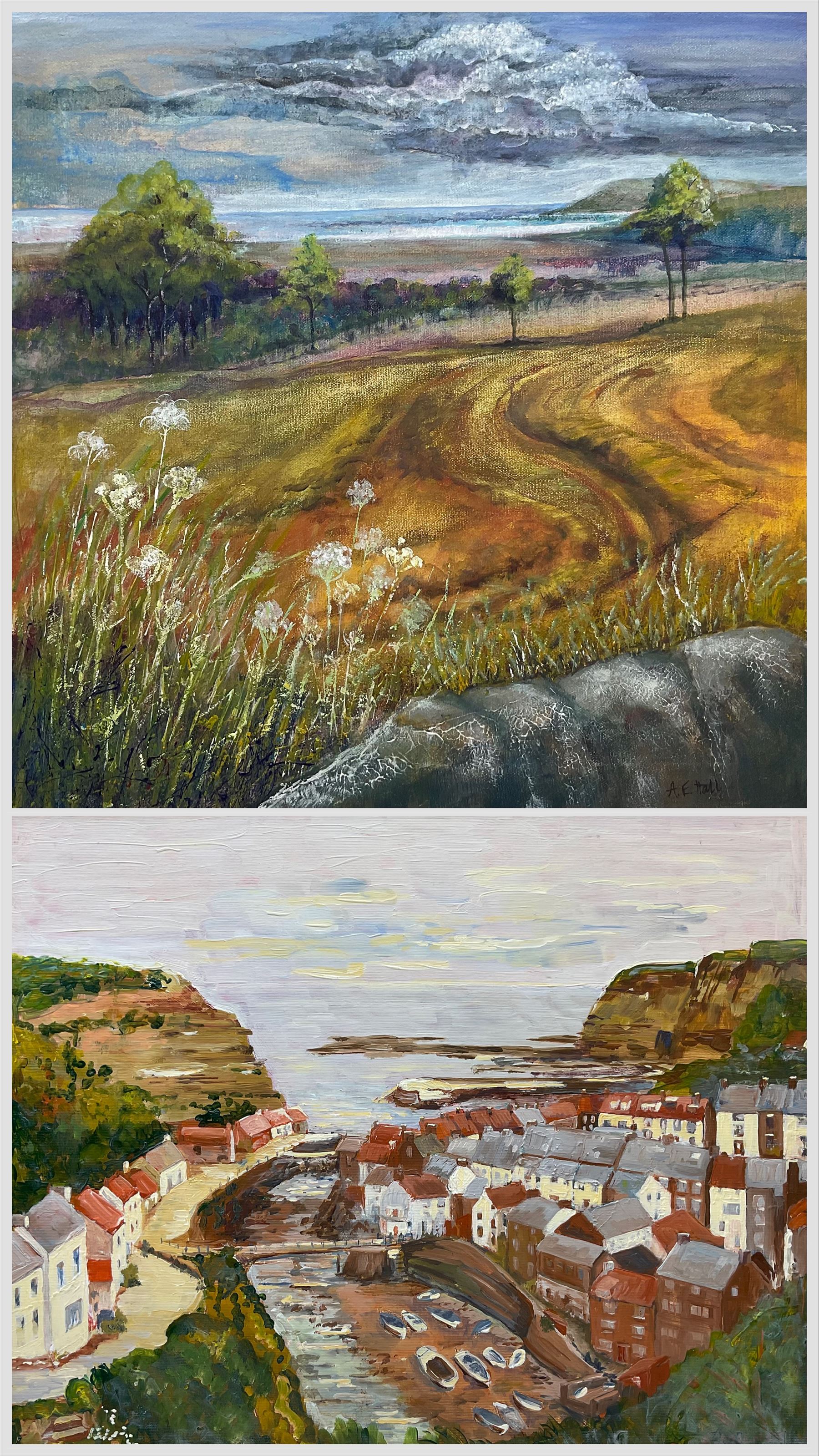 A E Hall (British Contemporary): 'Fylingthorpe - Yorkshire', acrylic on canvas signed, titled verso 50cm x 50cm; together with and a painting of Staithes (2) (one unframed)