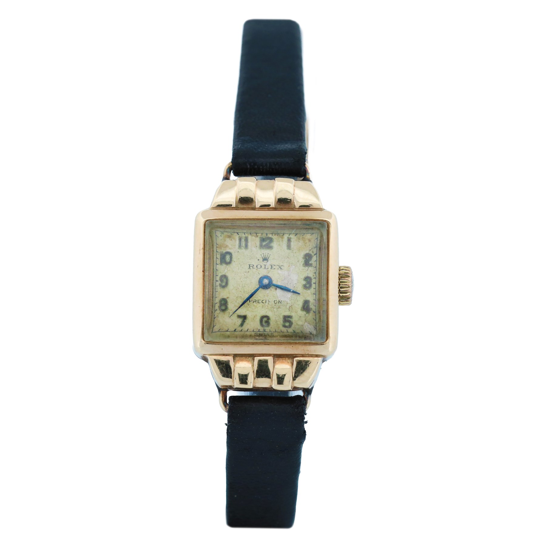 Rolex Precision ladies 9ct gold manual wind wristwatch, case No. 297900, silvered dial with Arabic hour markers, Chester 1955, on black leather strap