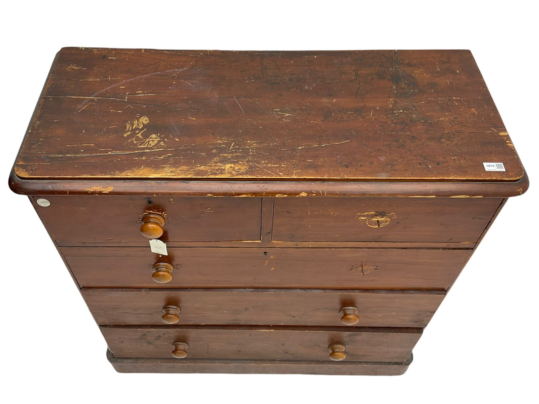 Chatsworth House - 19th century Victorian stained pine chest of drawers from Chatsworth House servant's quarters, moulded rectangular top over two short and three long drawers, plinth base. Provenance: Previously lot 1065 from the 