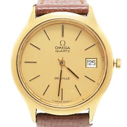 Omega De Ville gentleman's gold-plated and stainless steel quartz wristwatch, baton hour markers with date aperture, case No. 192.0027, on brown leather strap