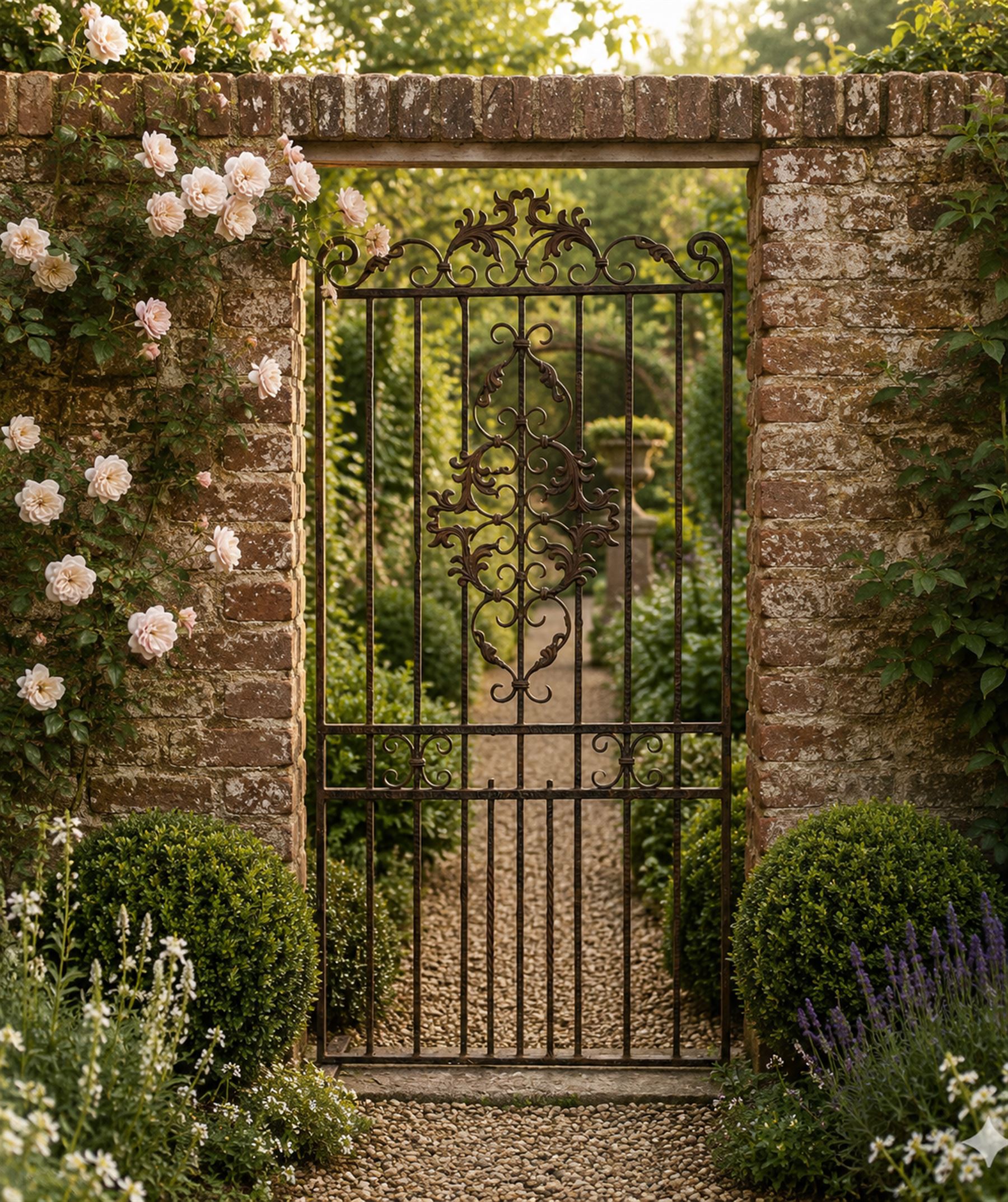 Victorian wrought iron vineyard gate, with ornate scrollwork and foliate acanthus leaf decoration, shaped cresting and central decorative panel, finished in rustic black painted finish