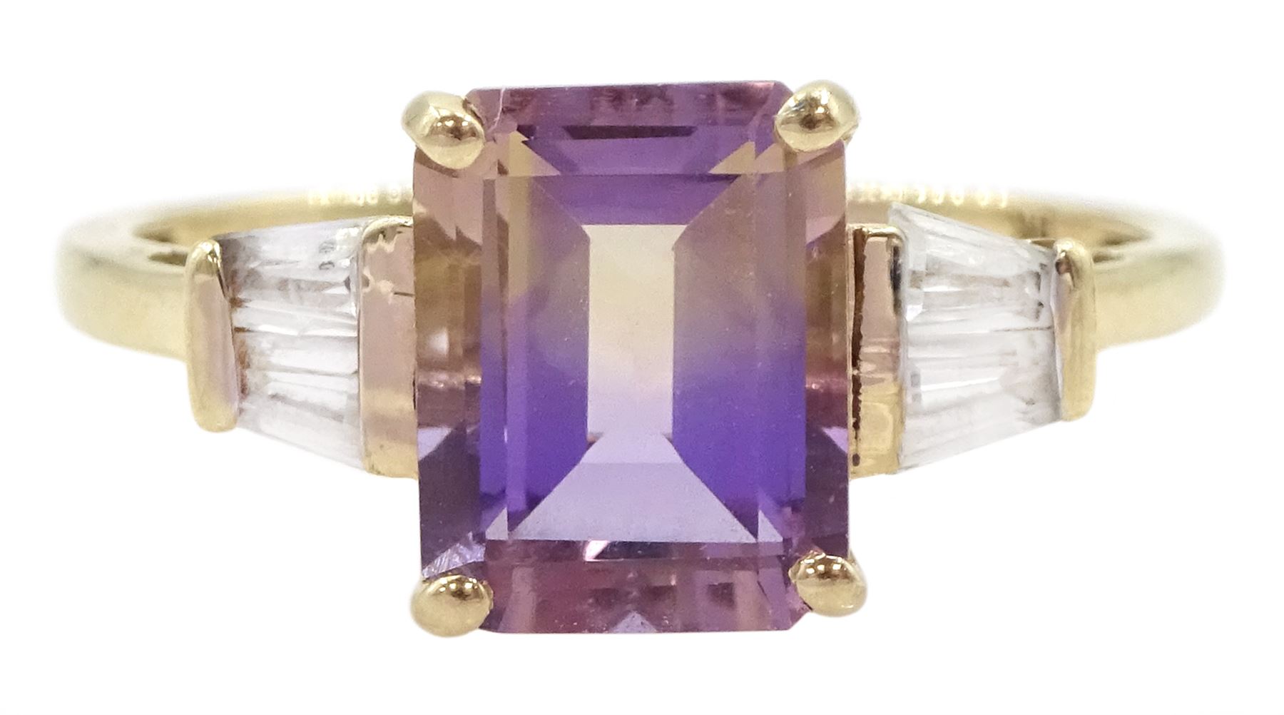 9ct gold emerald cut ametrine and tapered baguette cut white topaz ring, hallmarked