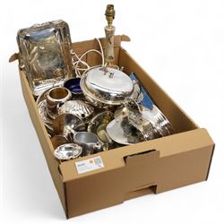 One box containing silver plate and other items, including silver plate teapot, sauce boats, entree dishes, warming dishes, biscuit barrel, an onyx table lamp, etc