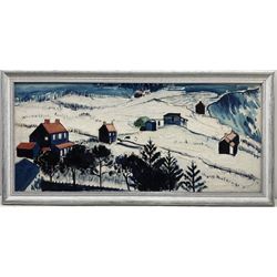 Pat Faust (British fl.1950-2000): Ravenscar Snowy Landscape, oil on canvas signed and dated 1959, 45cm x 100cm
