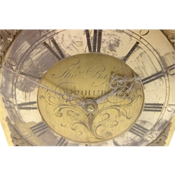  18th century brass longcase clock movement, 10'' x 10'' face with silvered Roman and Arabic chapter ring, engraved and signed 'Thomas Bassett, Wadhurst' ornate cast gilt metal spandrels, 30-hour movement striking on bell  