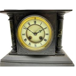 A French eight-day mantle clock striking the hours and half hours on a coiled gong, in a Belgium slate case with a shaped pediment and inlaid variegated marble panels and incised decoration to the front, with two recessed pillars flanking a two-part enamel dial with Roman numerals and minute markers, steel fleur de Lis hands and winding collets, within a cast bezel with a flat bevelled glass. With pendulum, No key.
H 27cm W 26cm D 14cm
