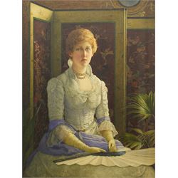 Henry M Terry (British fl.1879-1920): 'Her First Season' Portrait of a Seated Victorian Lady Holding a Fan, watercolour signed and dated 1884, titled and inscribed on artist's address label verso 67cm x 50cm
Provenance: exh. Christopher Wood Gallery; purchased Phillips 1996 for £3700