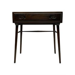 Ercol - dark elm console table, fitted with single drawer, on square tapering supports 