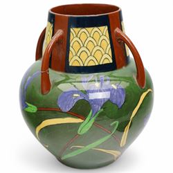 Art Nouveau Foley 'Intarsio' vase by Charles Wileman, c.1898, printed marks to base, H21cm; with a 19th century 'God Speed the Plough' pearlware jug, decorated with poem and farming motifs, H15cm (2)