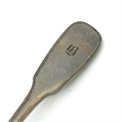 Britannia metal flagon by James Dixon & Sons with scroll handle and hinged lid H35cm and a silver plated fiddle pattern soup ladle (2)