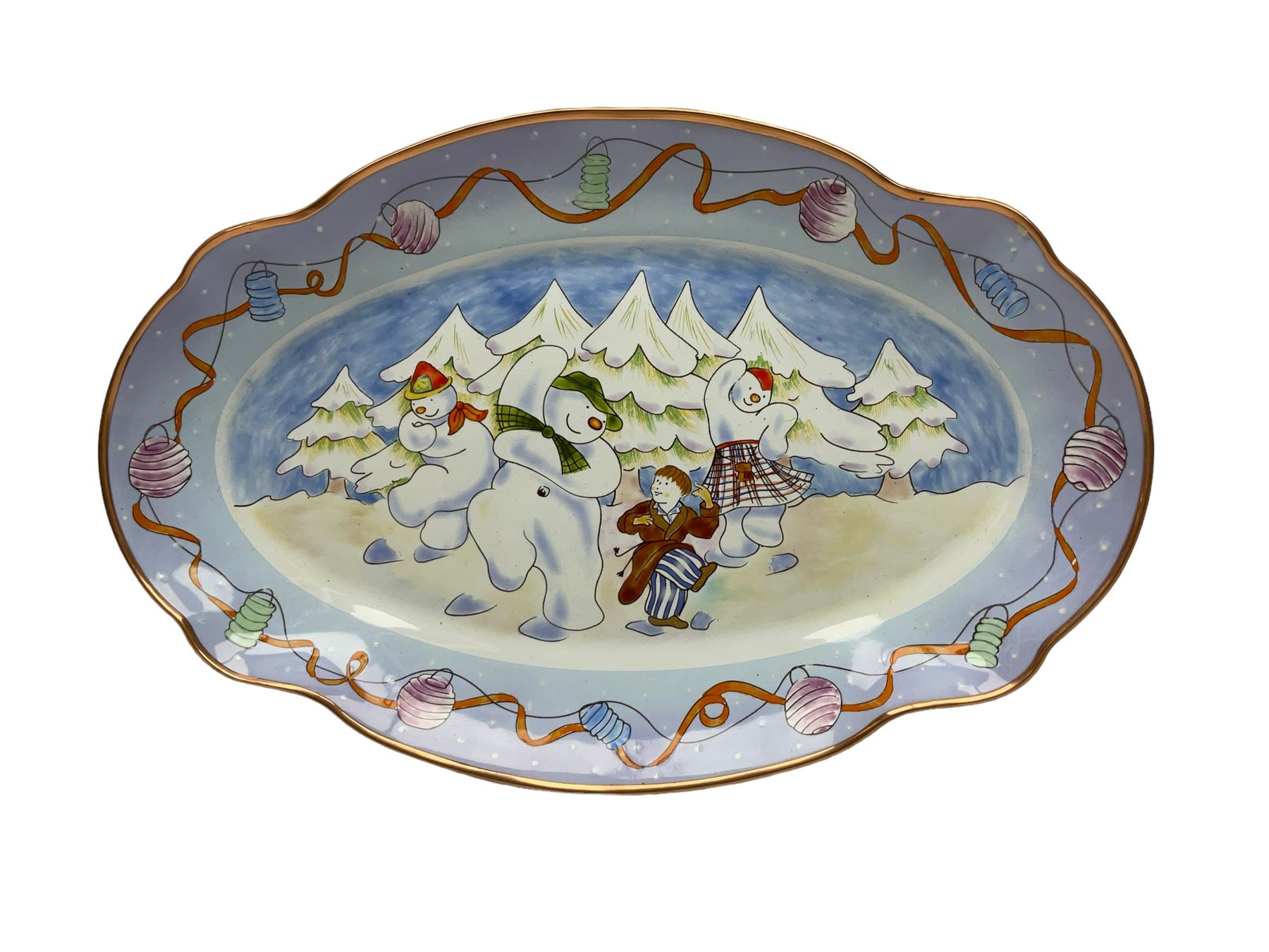 Two Beswick figures, composing The Snowman and Father Christmas, together with Border Fine Arts Enamel dish depicting a scene from The Snowman A3995, all in original boxes 