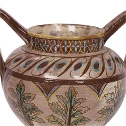 William De Morgan twin handled vase, sgraffito-decorated with turquoise and yellow trees, within a brown boarder, with a repeating floral boarder to the neck, with signed and impressed marks beneath, H21cm