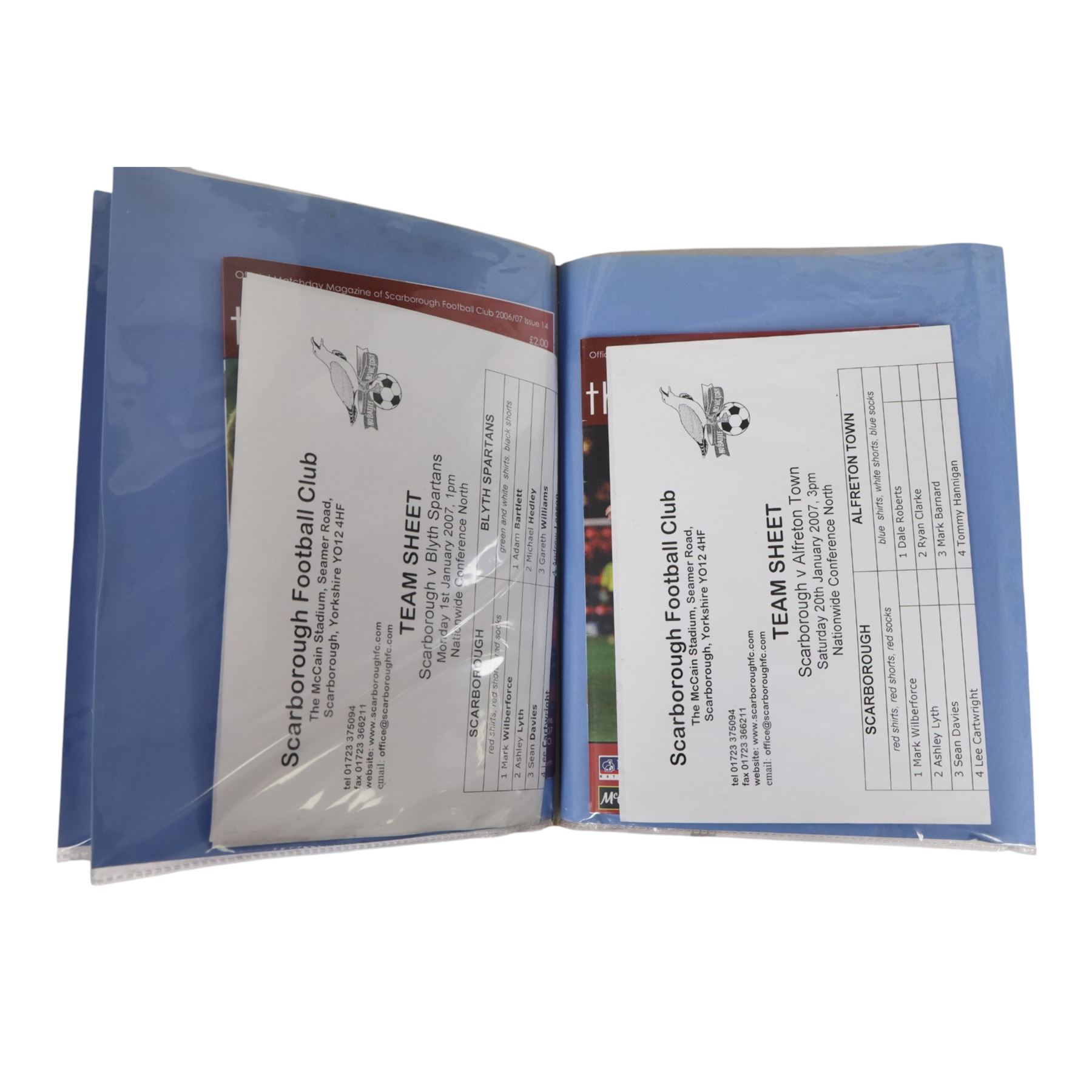 Comprehensive collection of approximately two hundred and thirty Scarborough FC football programmes for the 2003/04, 2004/05, 2005/06 and 2006/07 seasons, all filed within eight dedicated Scarborough FC red Home and Away binders