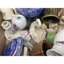 Sadler Celery face pot, Noritake planter, Ringtons blue and white jar, Royal commemorative ware, and a collection of other ceramics, in two boxes 